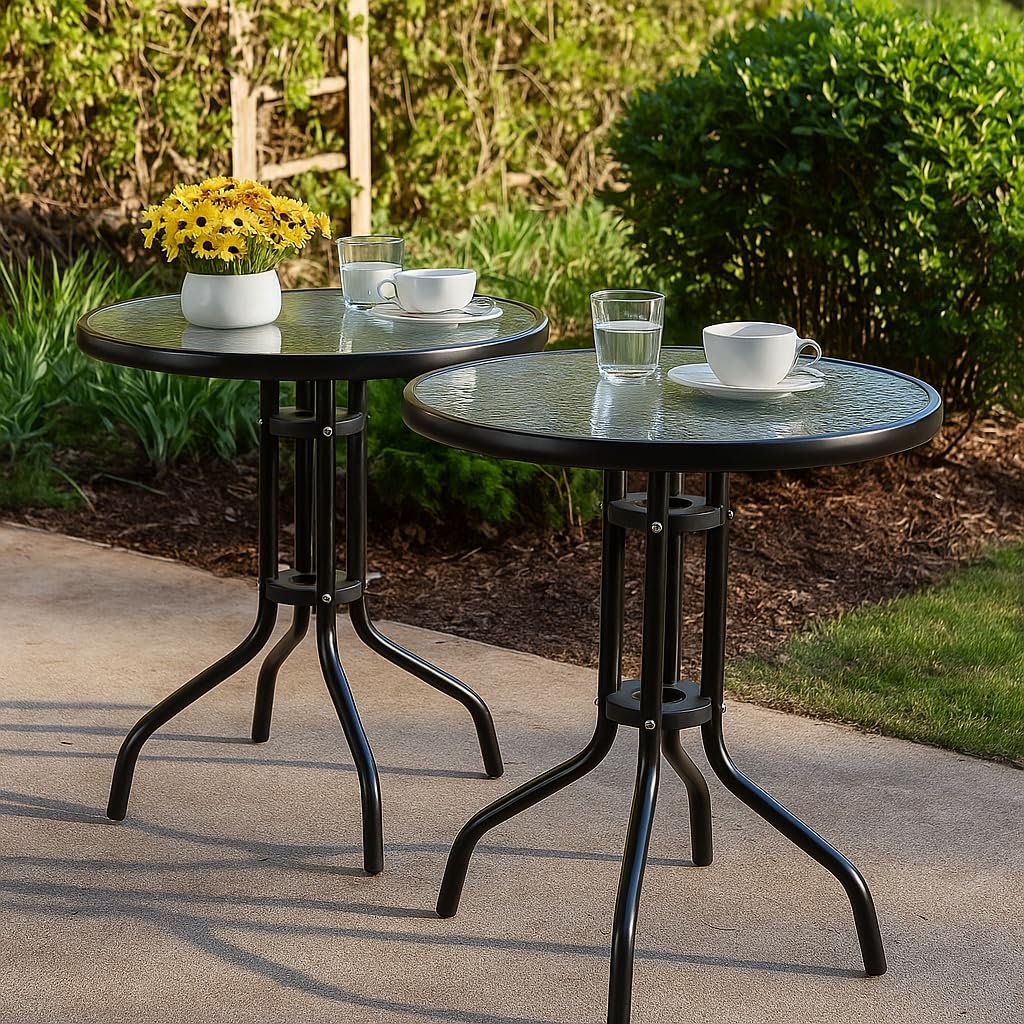 Creative Outdoor Bistro Tables Set Of 2, Round Glass Top, Black Metal Frame, Garden Patio Cafe Style (Pack Of 2)