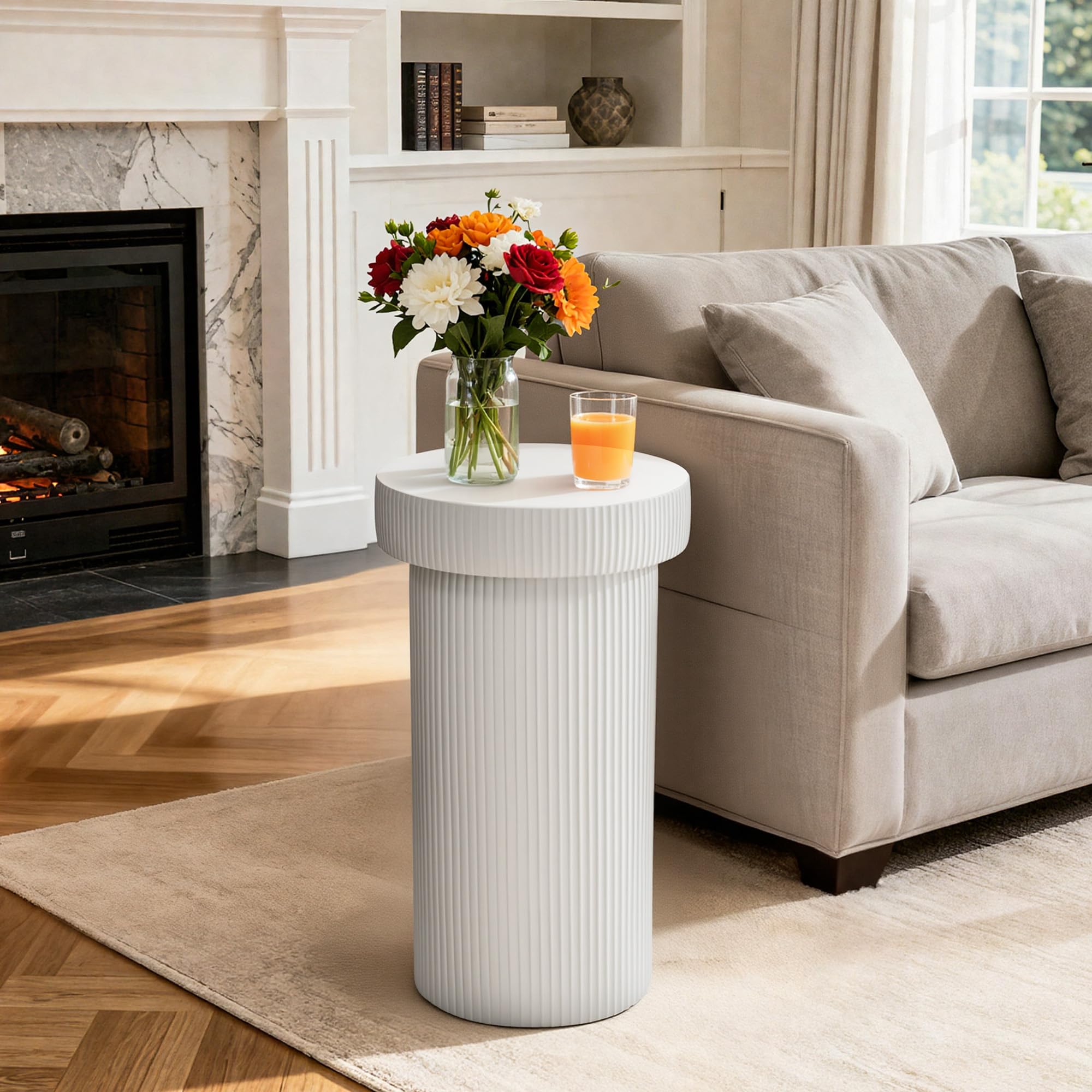 Ultym Side Table, 24 Pedestal End Table, 3-in-1 Durable Lightweight Round Coffee Table, Decorative Patio Accent Table Fluted Gar