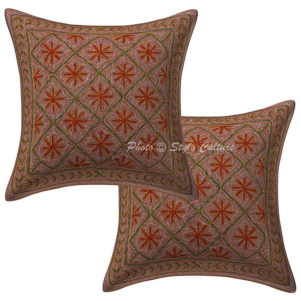 Stylo Culture Decorative Cotton Cushion Covers 16X16 Inch Sequins Gold Zari Embroidered Brown Drawing Room Decor Floral Rajastha
