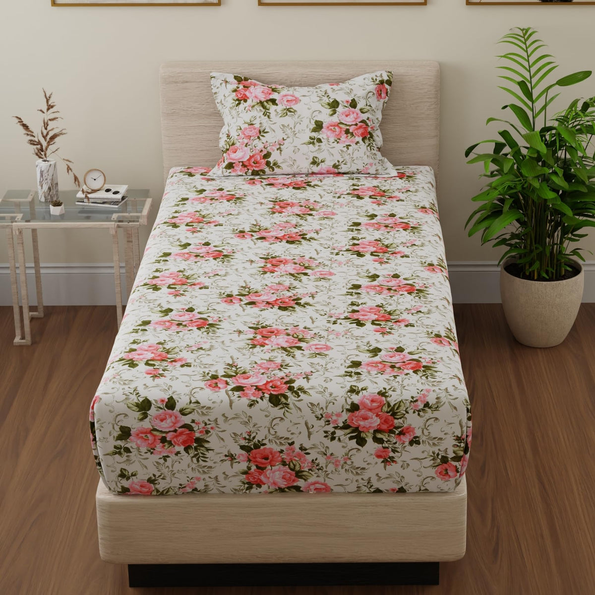 Huesland by Ahmedabad Cotton 144 TC Cotton Single Bedsheet with 1 Pillow Cover  White, Pink, Green