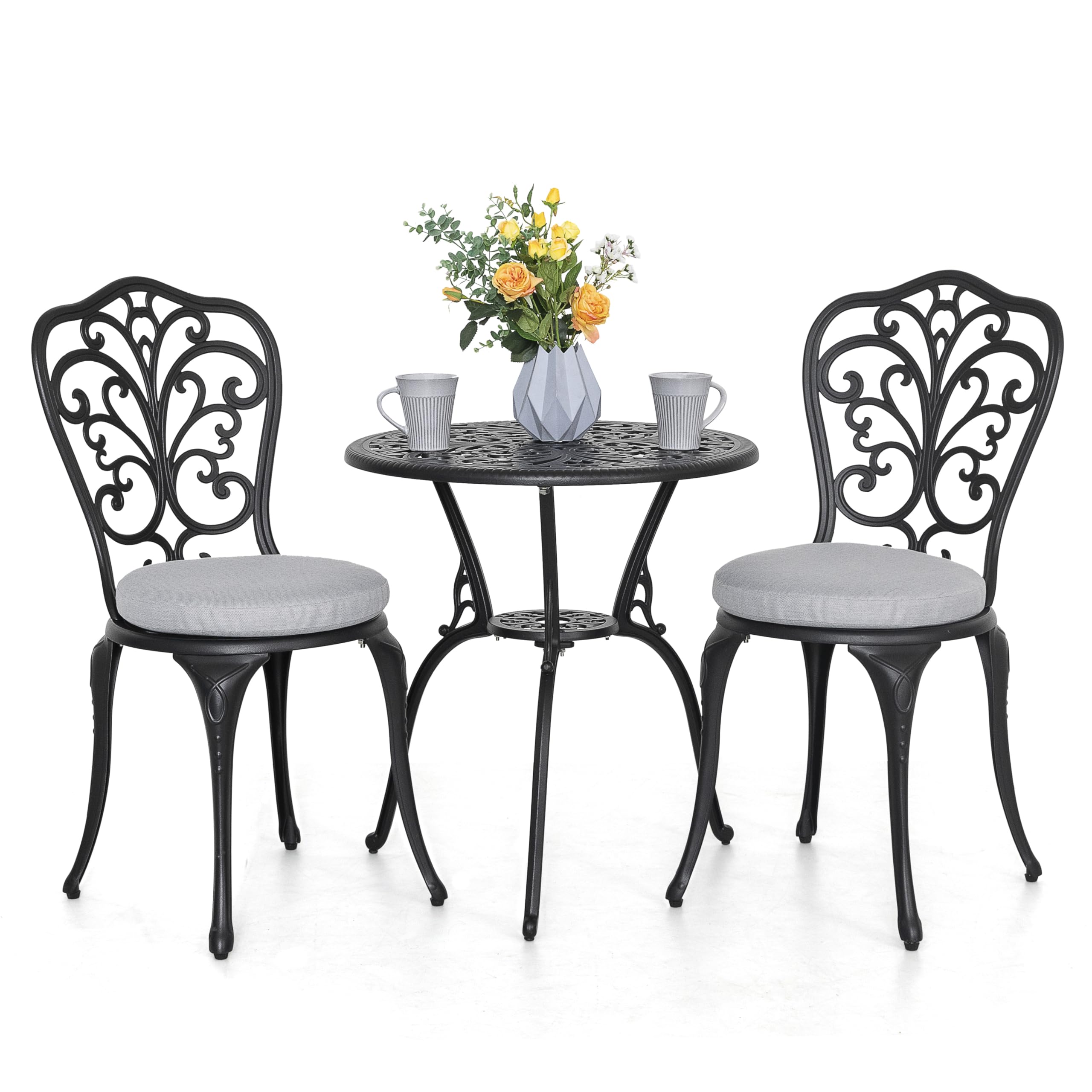 Nuu Garden Bistro Set 3 Piece Outdoor All Weather Cast Aluminum Patio Bistro Set Patio Table And Chairs Set Of 2 With Umbrella Hole And Gray Cushions For Backyard, Balcony, Lawn, Black