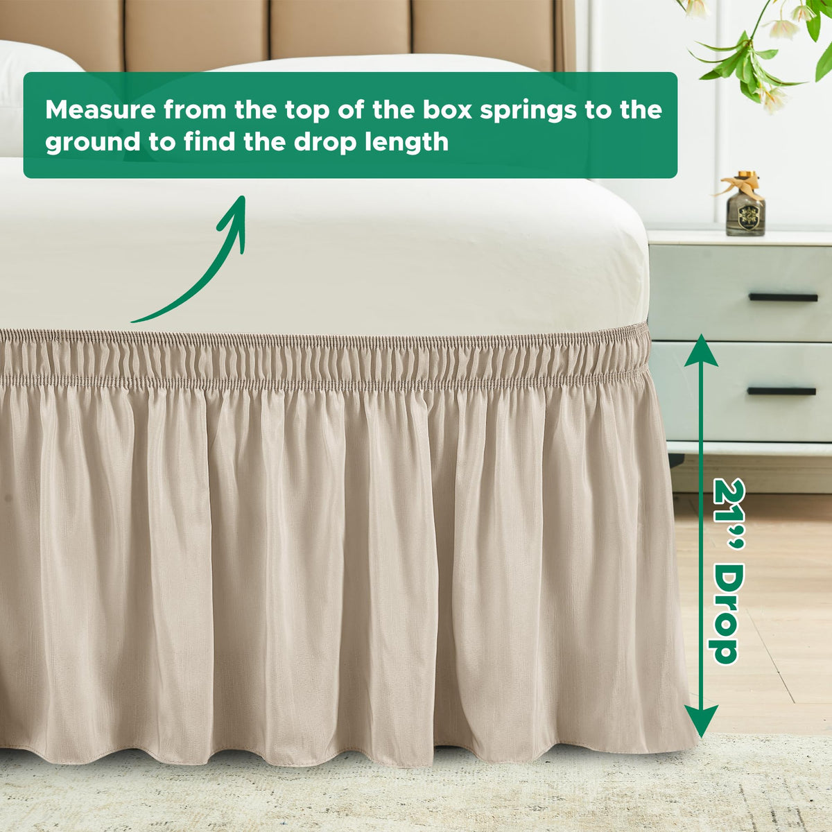 Biscaynebay Wrap Around Bed Skirts For King & Cal King Beds 21' Drop, Light Camel Adjustable Elastic Dust Ruffles Easy Fit Wrinkle Resistant Silky Luxurious Fabric Machine Washable