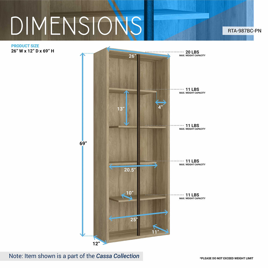 Techni Mobili 5 Shelf Bookcase - Pine Vertical Standing Wood Bookshelf For Living Room, Bedroom, & Home Office - Staggered Bookcase With Asymmetrical Shelves & Heavy Duty Steel Bar Cassa Collection