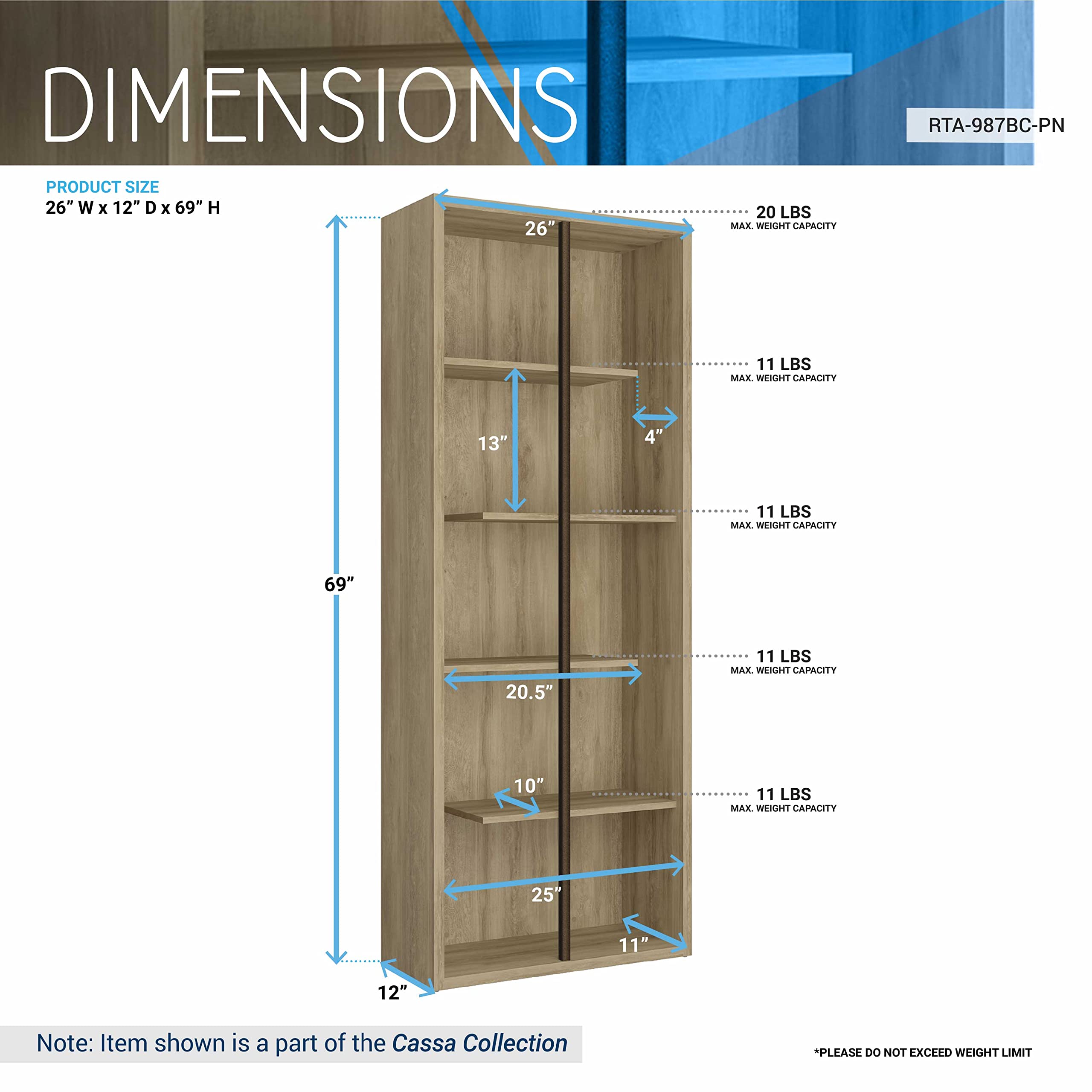 Techni Mobili 5 Shelf Bookcase - Pine Vertical Standing Wood Bookshelf For Living Room, Bedroom, & Home Office - Staggered Bookcase With Asymmetrical Shelves & Heavy Duty Steel Bar Cassa Collection