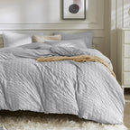 Jellymoni Light Grey Duvet Cover King Size, 3Pcs Washed Microfiber Bedding Set, Soft Breathable Seersucker Duvet Cover Set With