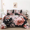 Wongs Bedding Black Quilt Set Queen,3 Pieces Pink Floral Bedspreads Lightweight Botanical Coverlet Set For All Seasons, Reversib