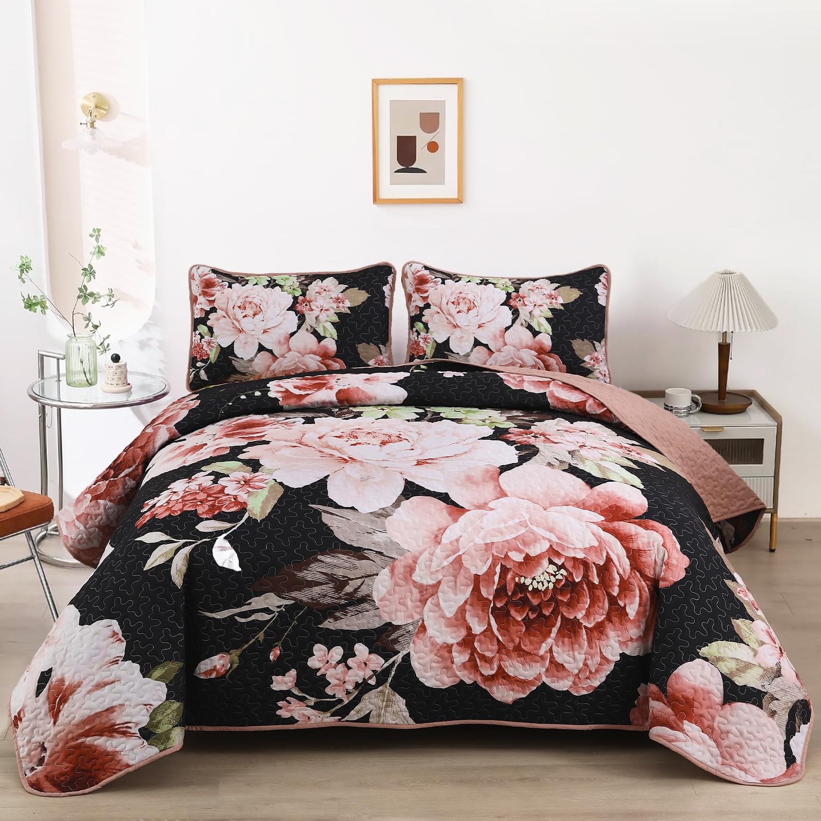 Wongs Bedding Black Quilt Set Queen,3 Pieces Pink Floral Bedspreads Lightweight Botanical Coverlet Set For All Seasons, Reversib