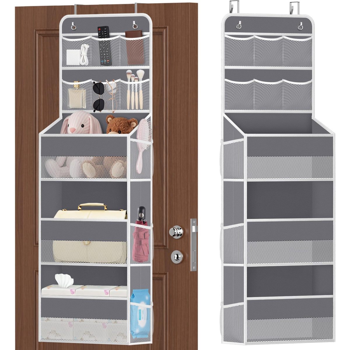 SpaceHacks 5-Tier Over The Door Organizer with Mesh Pockets, Baby Nursery Storage for Closet, Bathroom and Bedroom, Adjustable H