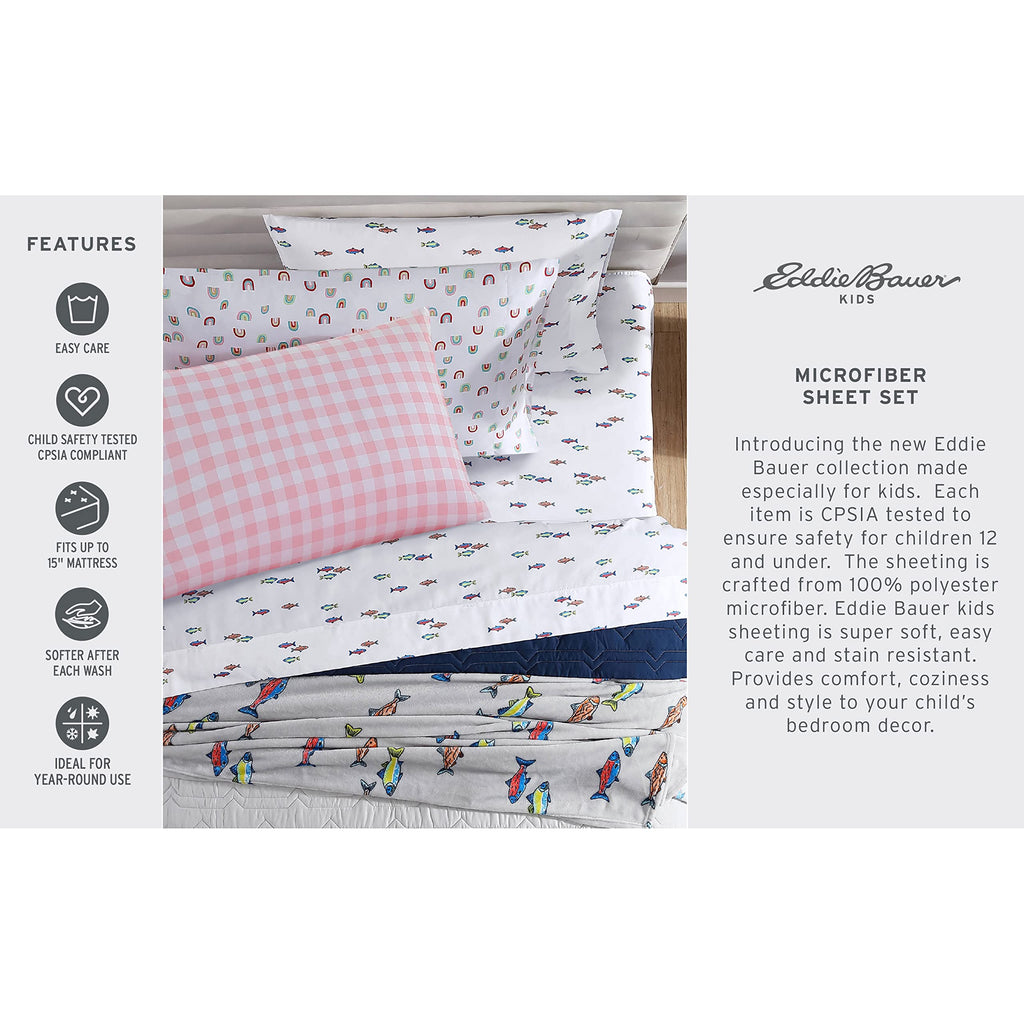 Eddie Bauer Kids - Twin Sheets, Stain Resistant Kids Bedding, Ideal For Toddler Bedding Set (Poppy Plaid Pink, Twin)