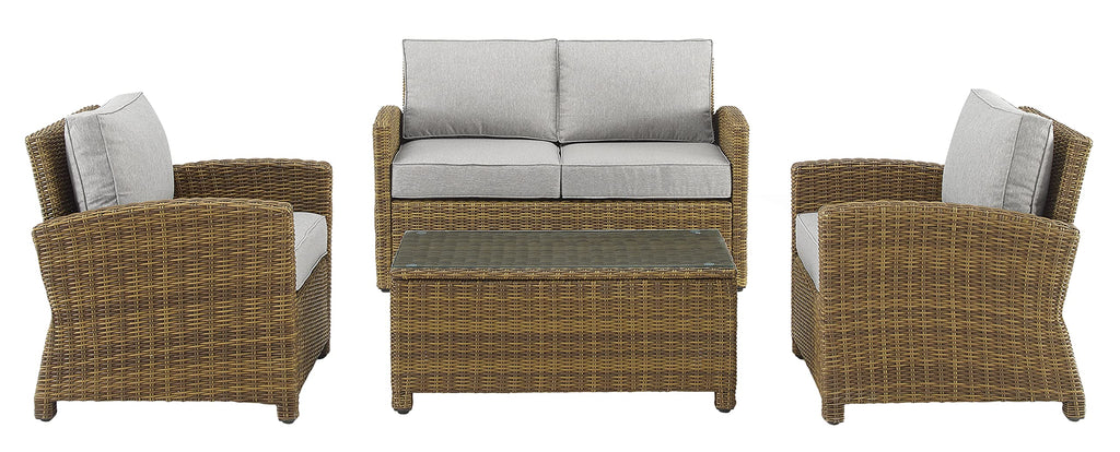 Crosley Furniture Bradenton 4-Piece Outdoor Loveseat Patio Furniture Set, Wicker Conversation Sets for Porch, Brown with Gray Cushions