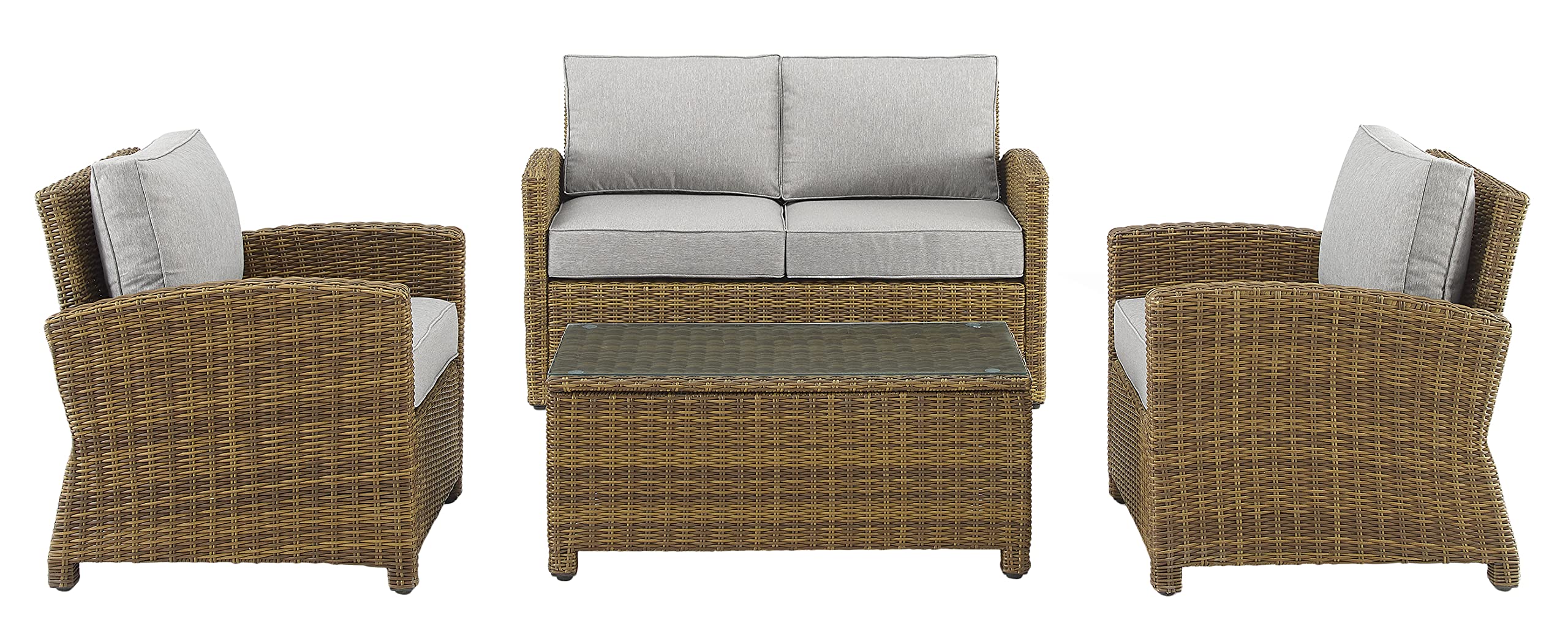 Crosley Furniture Bradenton 4-Piece Outdoor Loveseat Patio Furniture Set, Wicker Conversation Sets for Porch, Brown with Gray Cushions