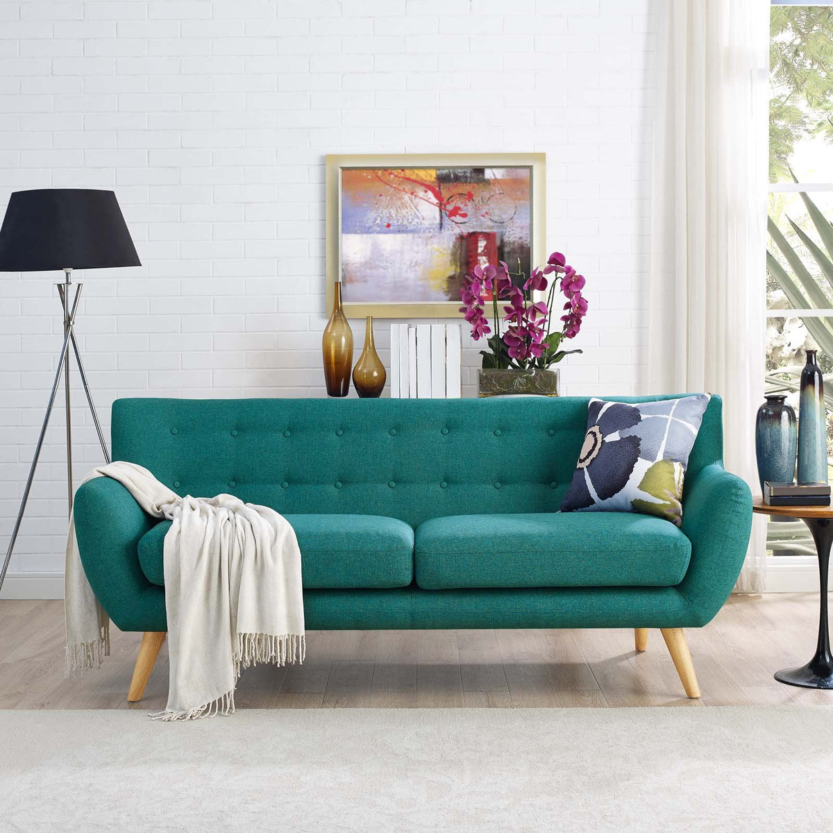 Modway Remark Midcentury Modern Sofa With Upholstered Fabric In Teal