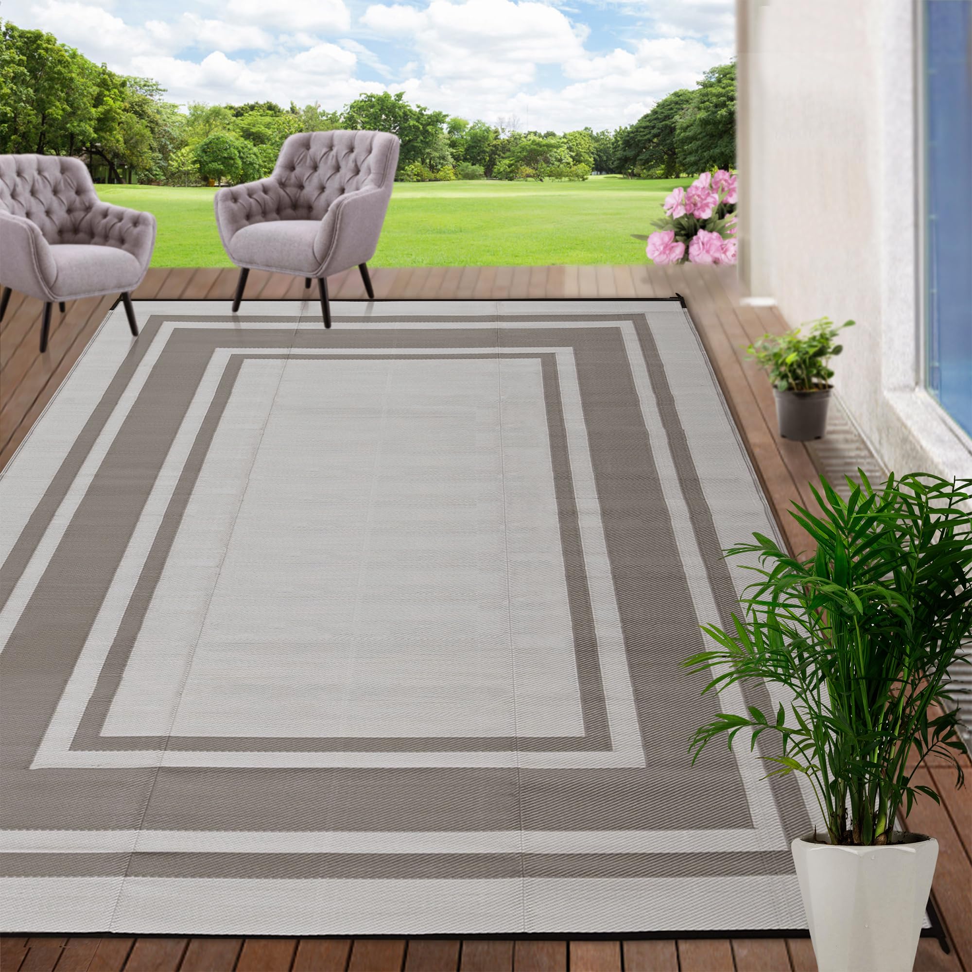 Rurality Outdoor Rug 9X12 Waterproof For Patio Clearance,Large Plastic Straw Mat For Camping,Porch,Rv,Reversible, Light Coffee