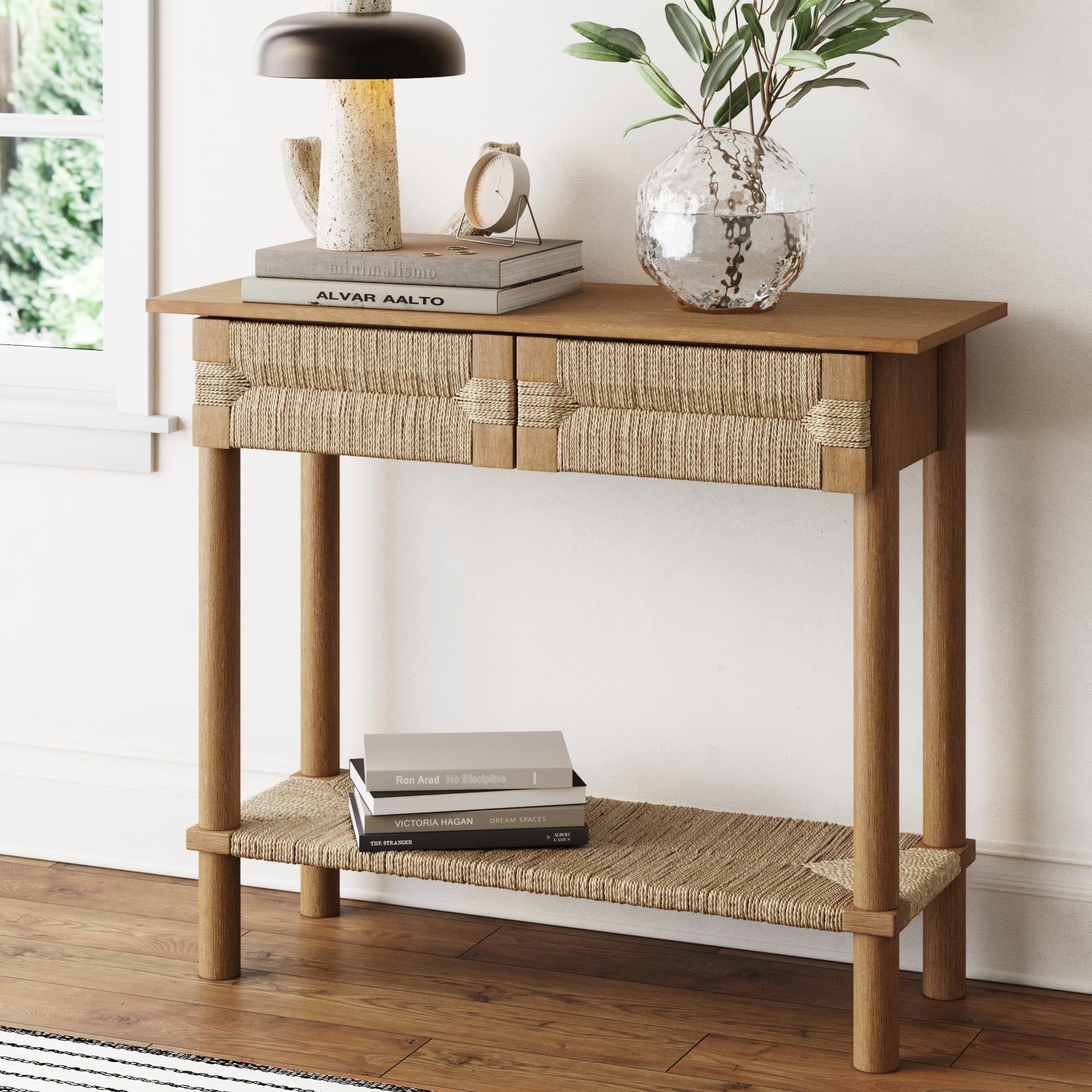 Nathan James Beacon Wooden Sofa Console Table with Drawers, Bohemian Entryway Table, Hallway Table with Seagrass Shelf, Light Br
