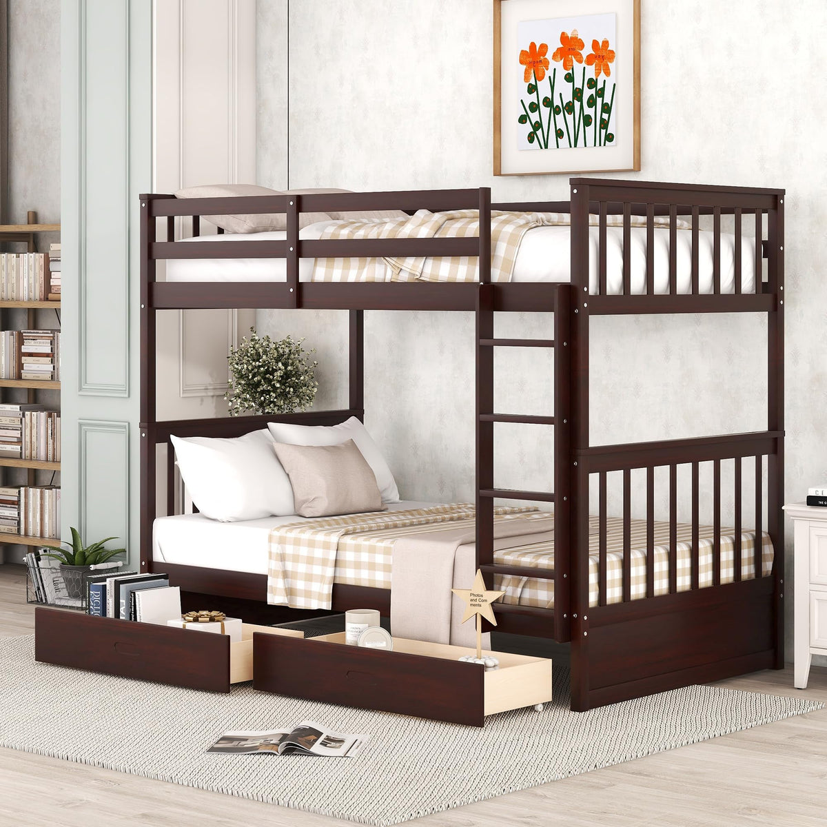 Merax Wood Bunk Bed With Drawers,Convertible Wood Bunk Bed With Ladders And Two Storage Drawers,Solid Wood Detachable Bunk Bed Frame With Ladders,Twin Over Twin Size,Espresso