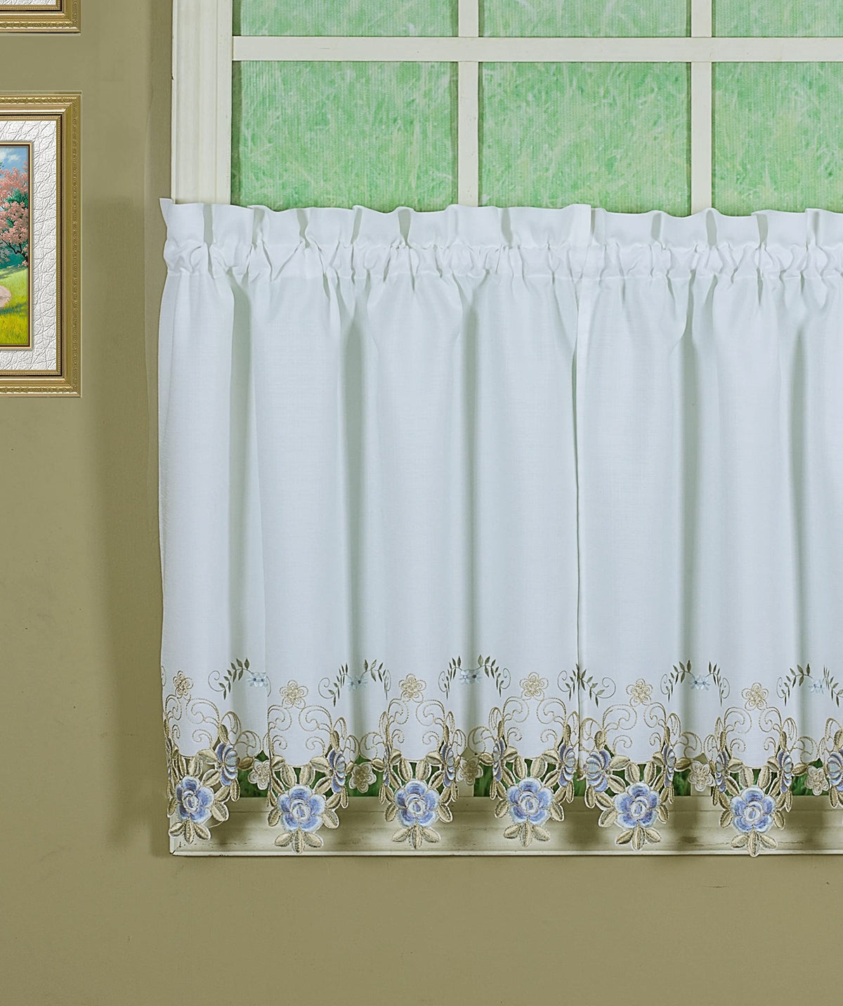 Today'S Curtain Verona Reverse Embroidery Tier, 30', White/Blue