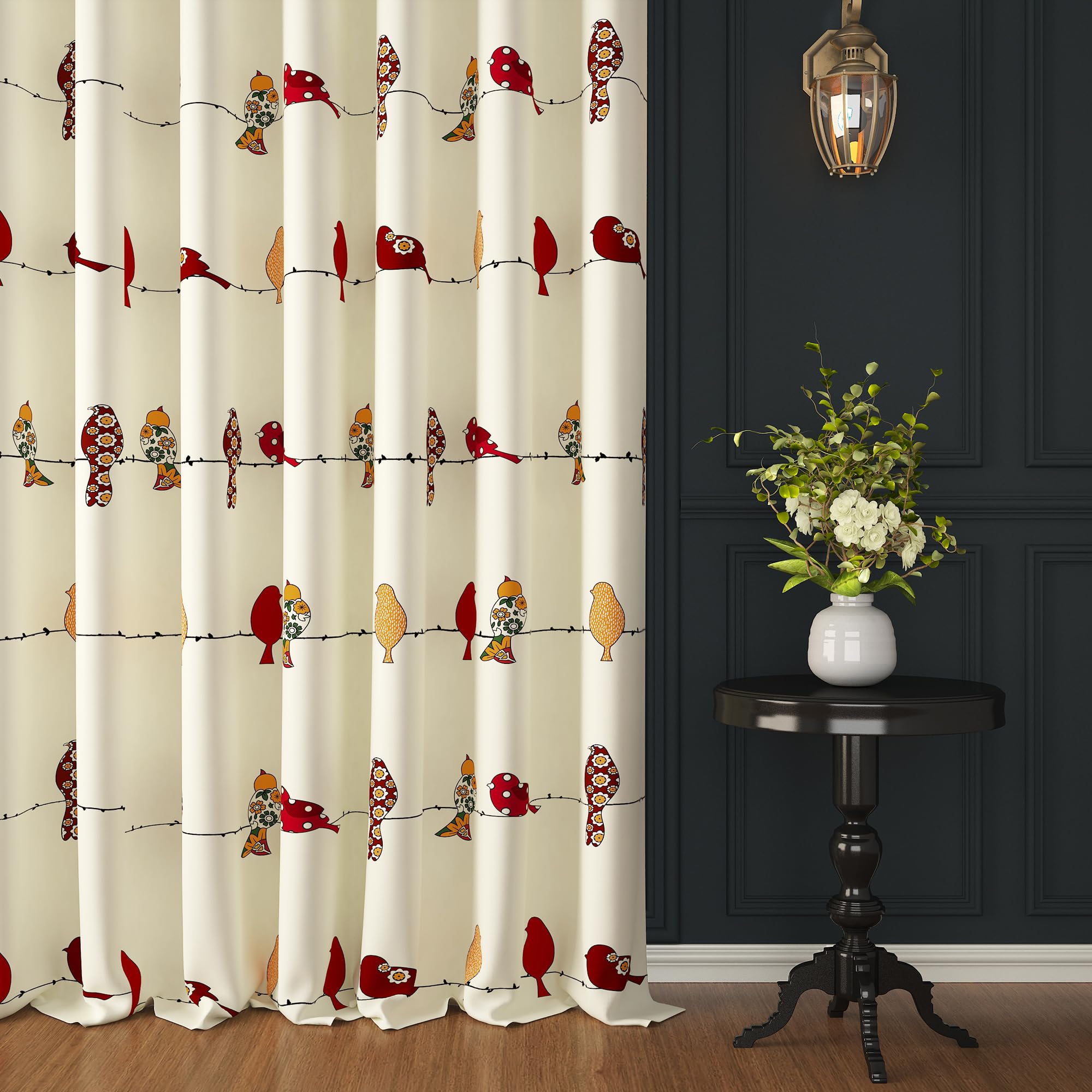 Story@Home Door Rod Pocket LightFiltering Curtains 7 Feet Long 1 Piece | Birds Printed | (116 X 215 Cm, White & Red)