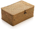 Yesland Handwoven Seagrass Rattan Storage Basket - 11.5' x 7.5' x 5' - Brown Rectangular Makeup Organizer Container with Lid,
