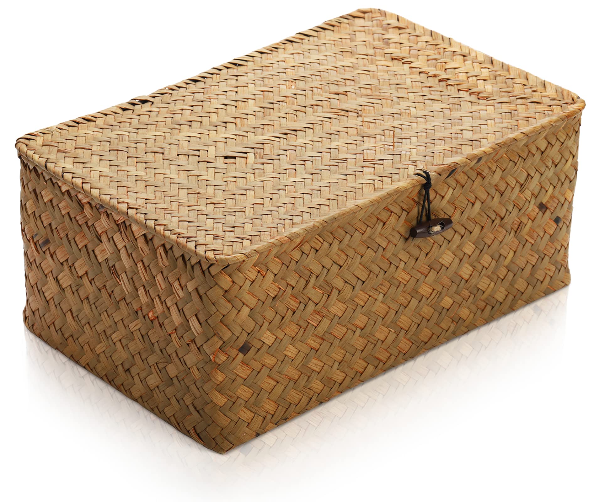 Yesland Handwoven Seagrass Rattan Storage Basket - 11.5' x 7.5' x 5' - Brown Rectangular Makeup Organizer Container with Lid,
