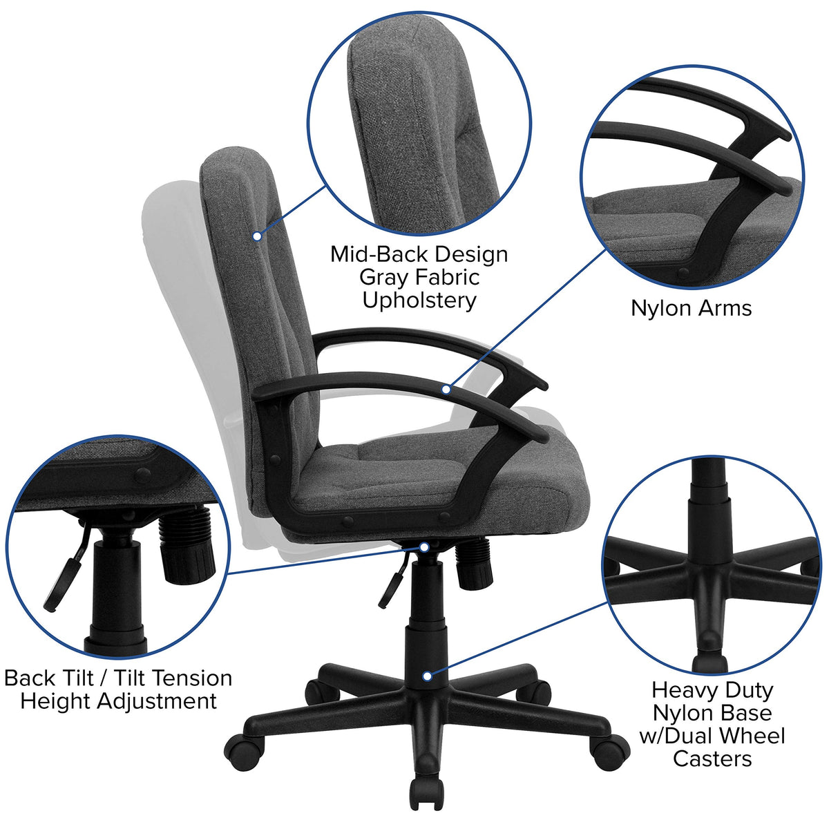 Flash Furniture Garver Mid-Back Gray Fabric Executive Swivel Office Chair with Nylon Arms