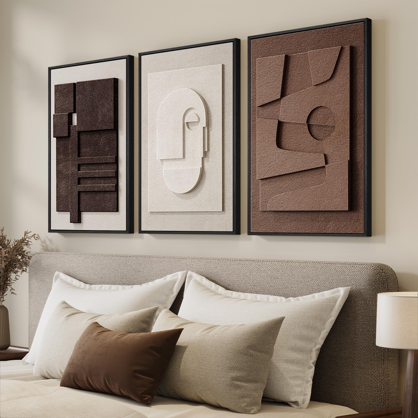 3D Textured Framed Neutral Abstract Wall Art for Bedroom, 3 Piece Modern Artwork for Walls, Minimalist White and Brown Geometric