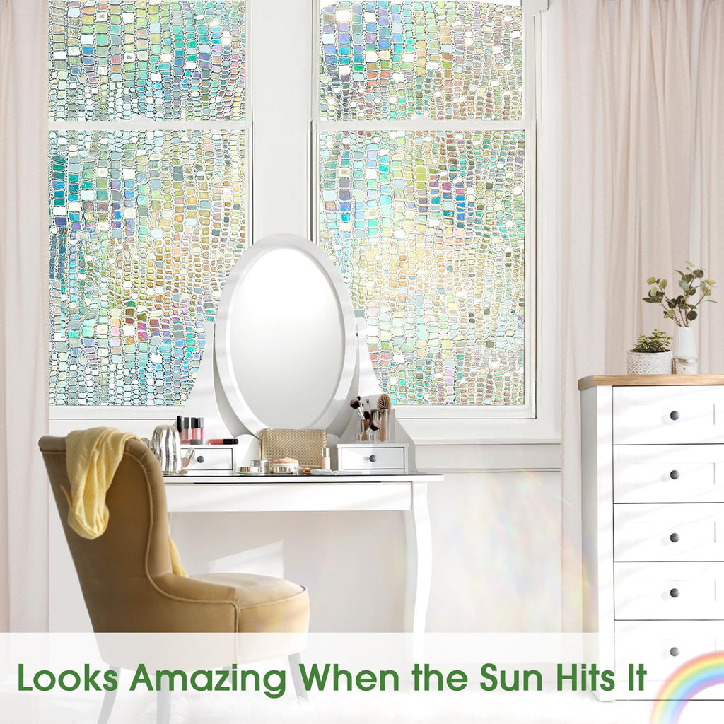 Aliuni Window Privacy Film, Stained Glass Window Films 3D Rainbow Decorative Static Cling Iridescent Window Tint Heat Blocking D