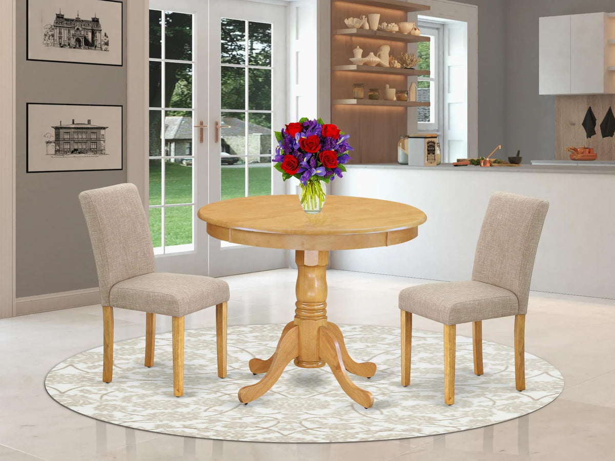 East West Furniture Anab3-Oak-04 3 Piece Dinette Set For Small Spaces Contains A Round Dining Table With Pedestal And 2 Light Tan Linen Fabric Upholstered Chairs, 36X36 Inch, Oak