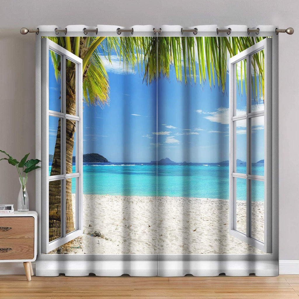 Jekeno Ocean Beach Palm Trees Blackout Curtains Summer Tropical Island Decor Seaside White Wooden Window View Print Grommet Wind