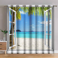 Jekeno Ocean Beach Palm Trees Blackout Curtains Summer Tropical Island Decor Seaside White Wooden Window View Print Grommet Wind