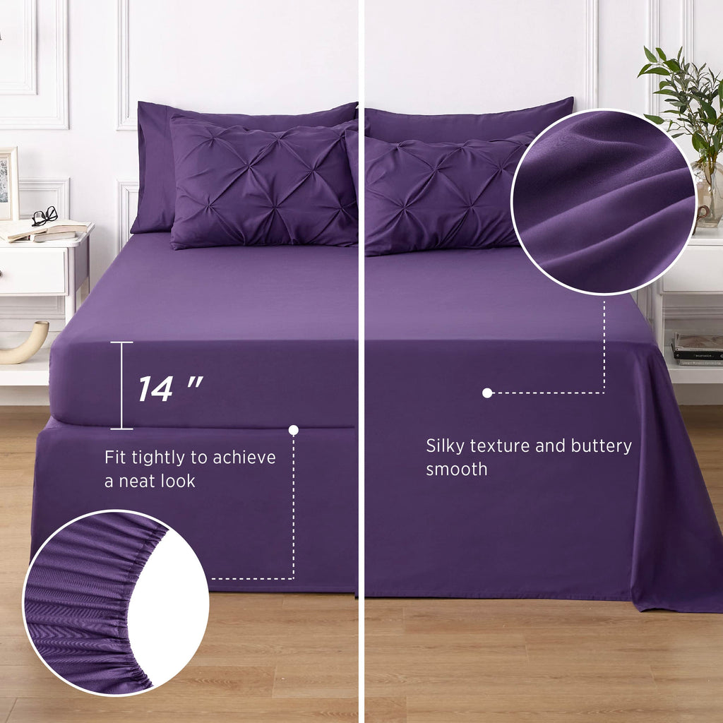 Bedsure California King Comforter Set - Cal King Bed Set 7 Pieces, Pinch Pleat Purple Cali King Bedding Set With Comforter, Shee