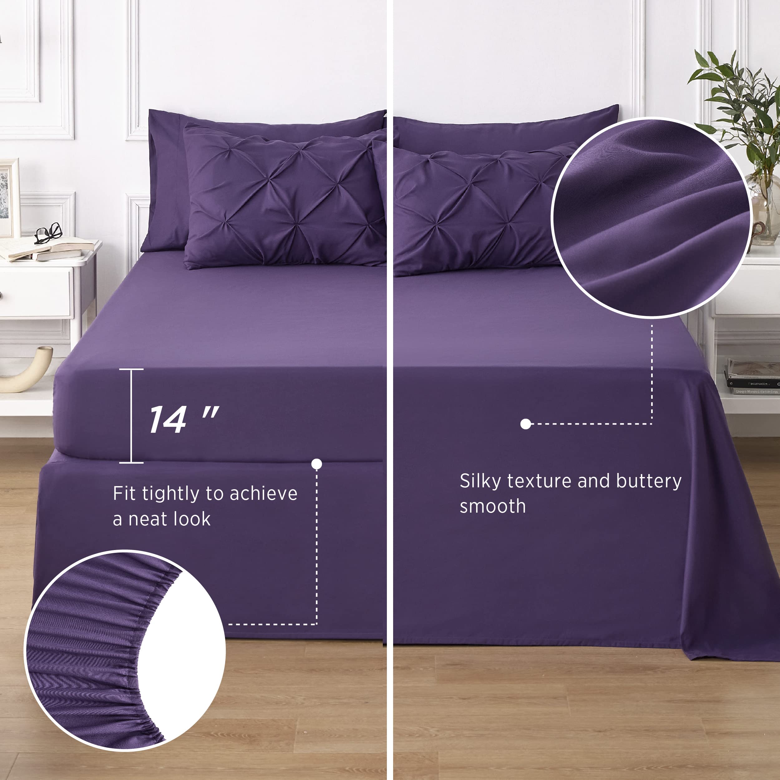 Bedsure California King Comforter Set - Cal King Bed Set 7 Pieces, Pinch Pleat Purple Cali King Bedding Set With Comforter, Shee
