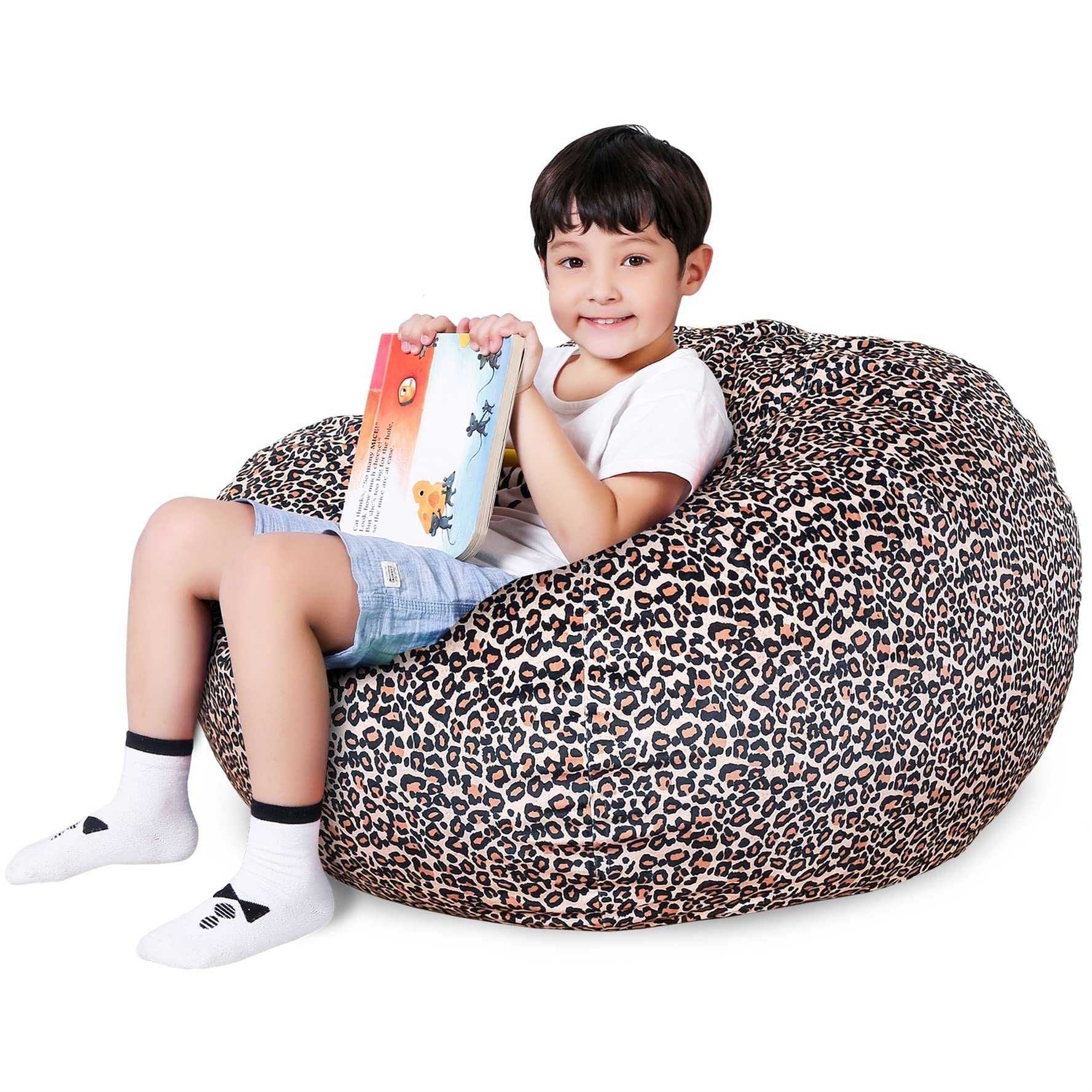 Lukeight Stuffed Animal Storage Bean Bag Chair Cover For Kids, Stuffed Animal Bean Bag Storage, Zipper Beanbag Chair Cover For Organizing Toddler And Kids' Rooms Plush Toys (Leopard Velvet, Large)