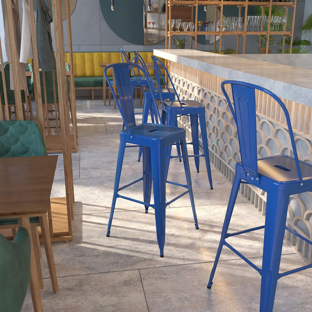 Commercial Grade 30 High Blue Metal Indoor-Outdoor Barstool with Removable Back