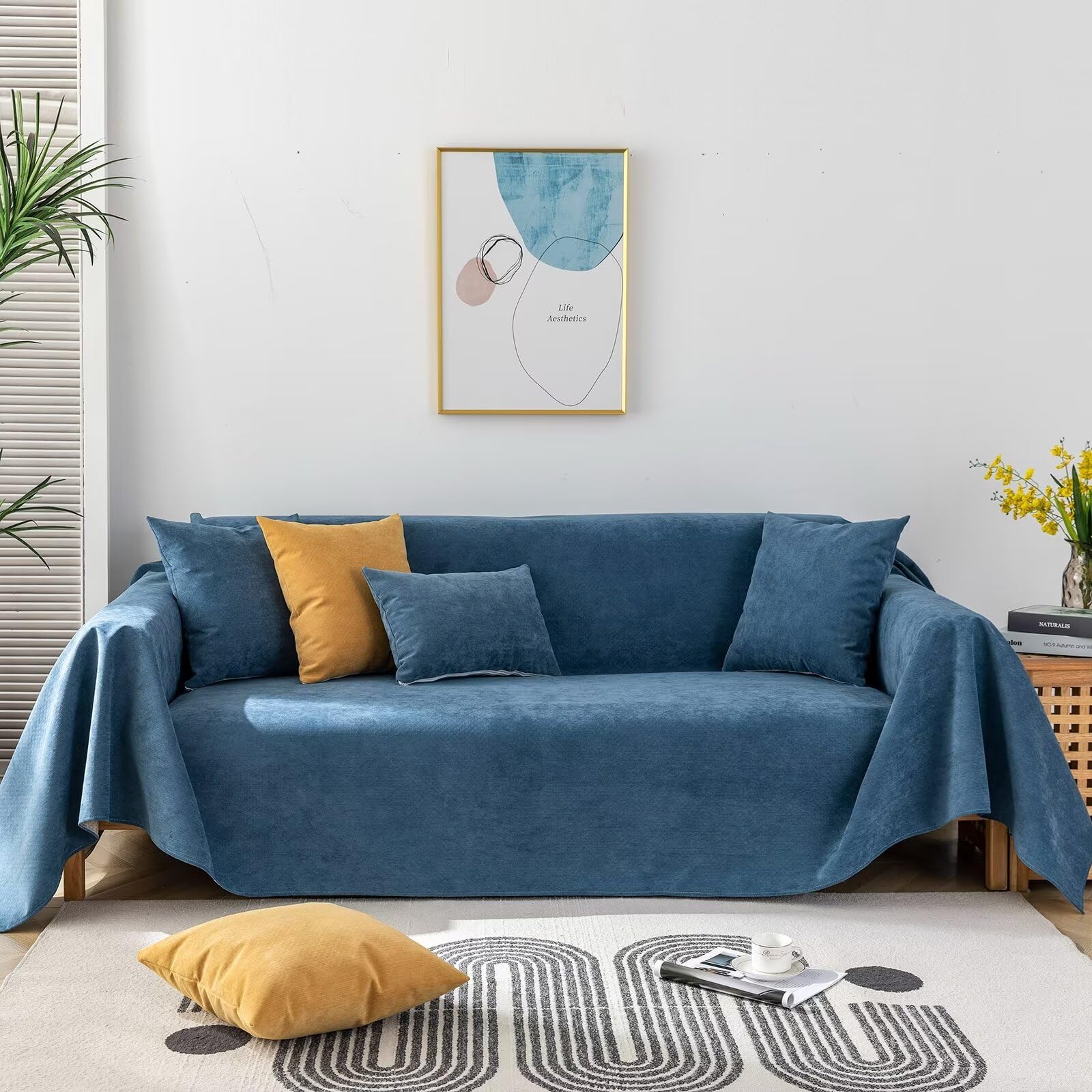 Vclife Simple Dark Blue Couch Slipcover Waterproof Couch Cover For 3 Cushion Couch Sofa, Chic Simple French Terry Sofa Cover Dog
