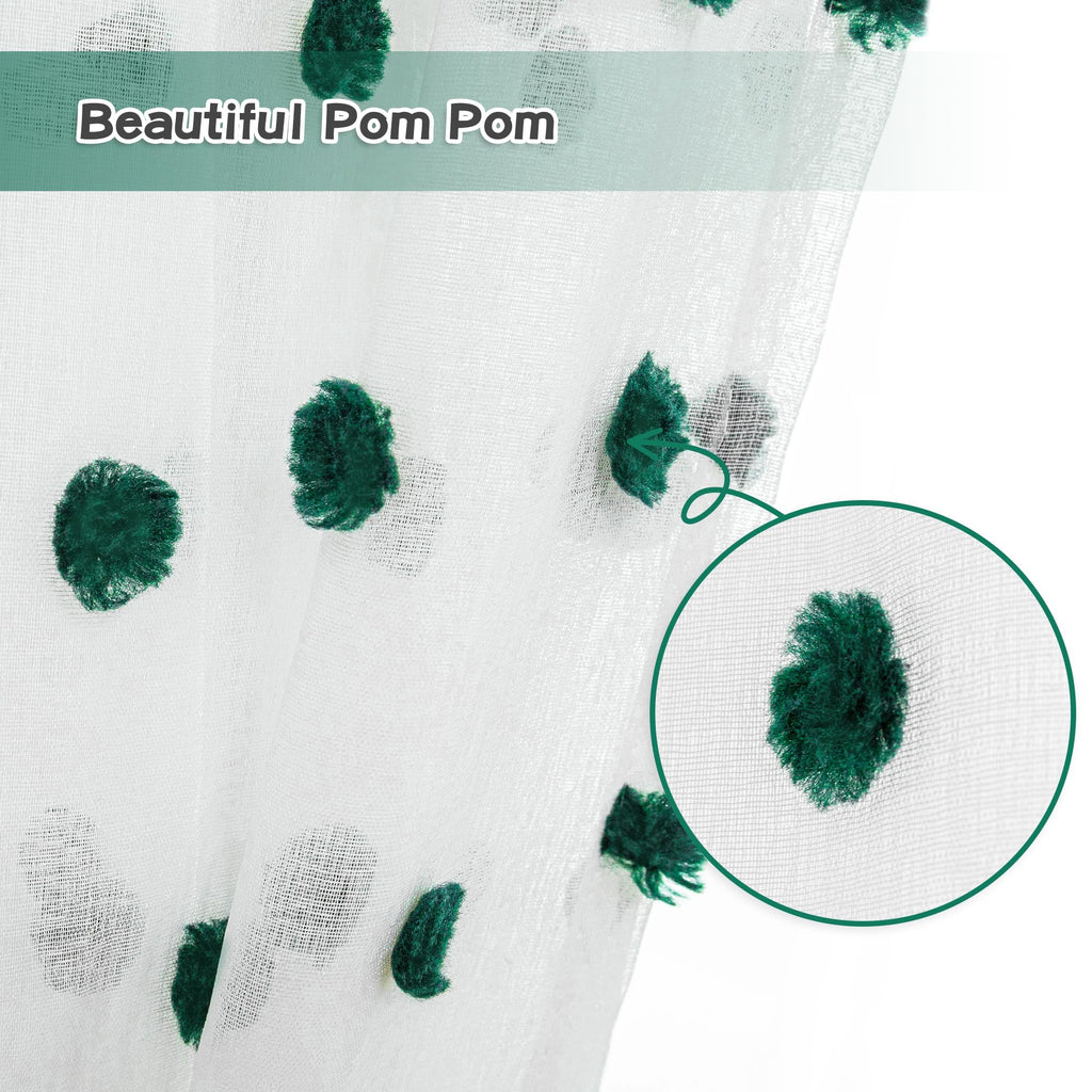 Mysky Home Hunter Green Pom Pom Christmas Curtains For Living Room 63 Inch Long White Sheer Curtains For Kids Bedroom Nursery Playroom 2 Pieces Rod Pocket Farmhouse Window Drapes 52 X 63 Inch