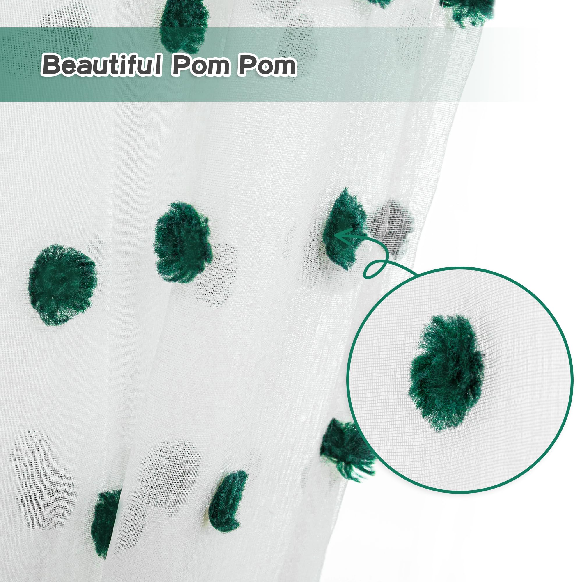 Mysky Home Hunter Green Pom Pom Christmas Curtains For Living Room 63 Inch Long White Sheer Curtains For Kids Bedroom Nursery Playroom 2 Pieces Rod Pocket Farmhouse Window Drapes 52 X 63 Inch