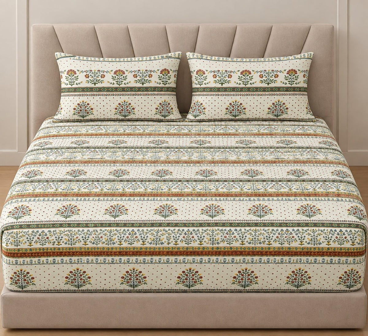 Ab Home Decor 300Tc Soft Touch Glace Cotton All Around Elastic Fitted Bedsheet For Double Bed King Size 72inchX 78inch With 2 Pillow C
