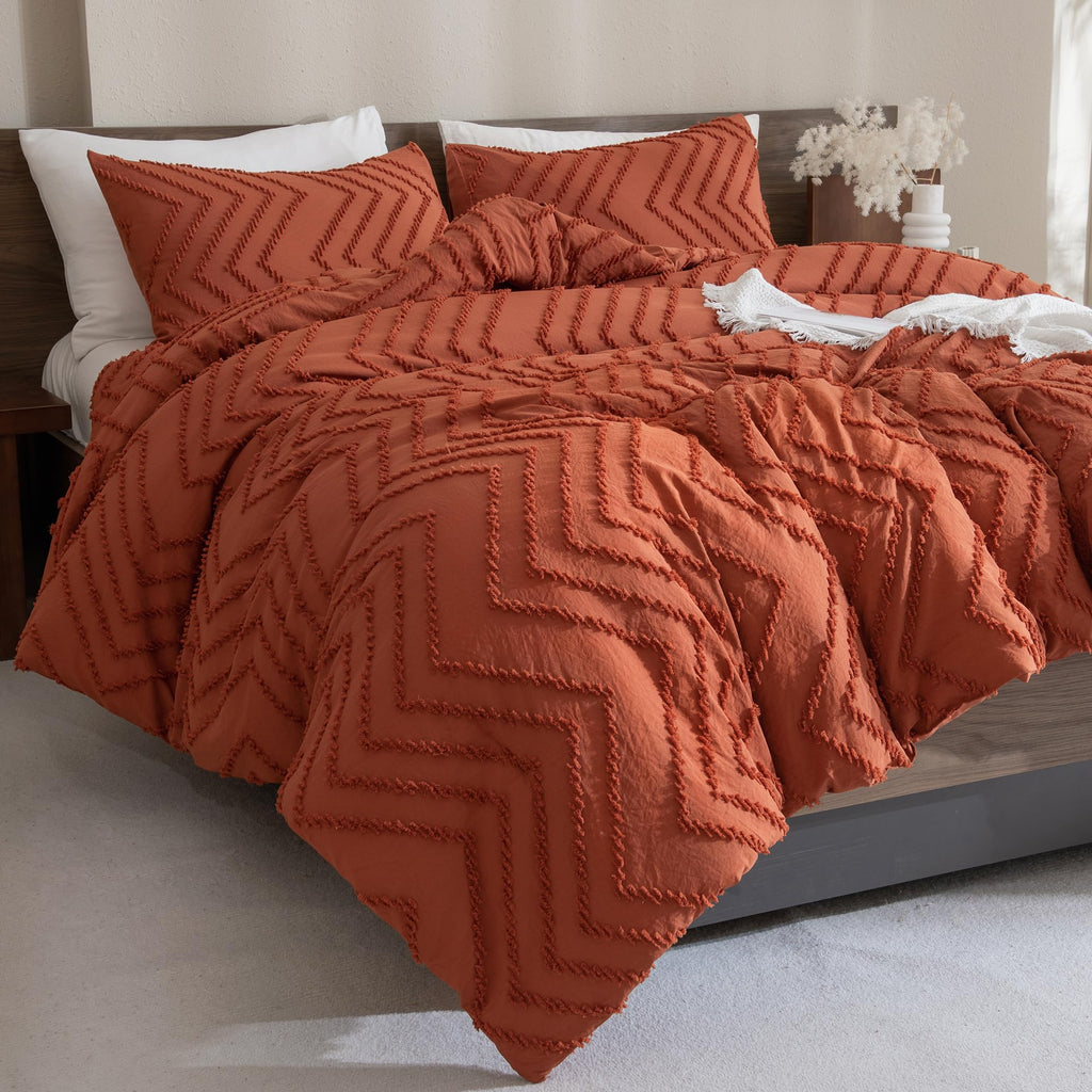 Andency Burnt Orange King Size Comforter, Boho Terracotta Soft Warm Bedding Comforter Sets For King Bed, 3 Pieces Rust Chevron Tufted Aesthetic Microfiber Lightweight Comforter Set