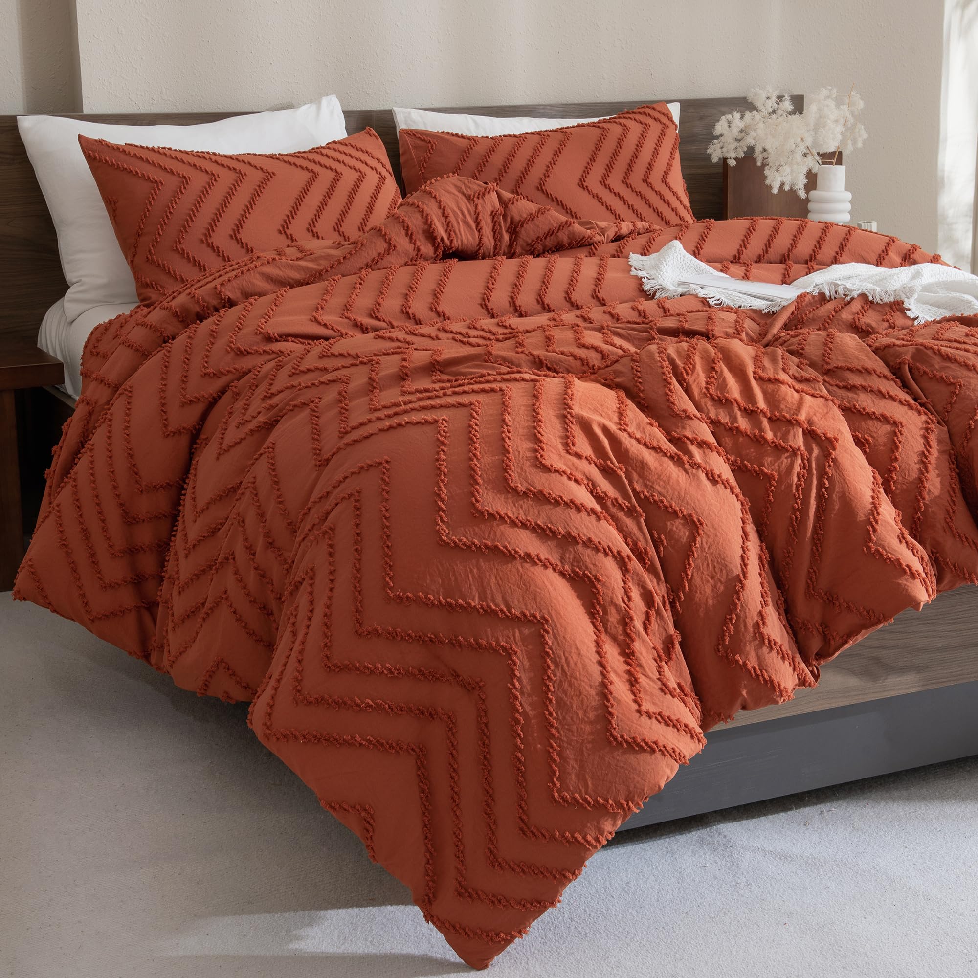 Andency Burnt Orange King Size Comforter, Boho Terracotta Soft Warm Bedding Comforter Sets For King Bed, 3 Pieces Rust Chevron Tufted Aesthetic Microfiber Lightweight Comforter Set