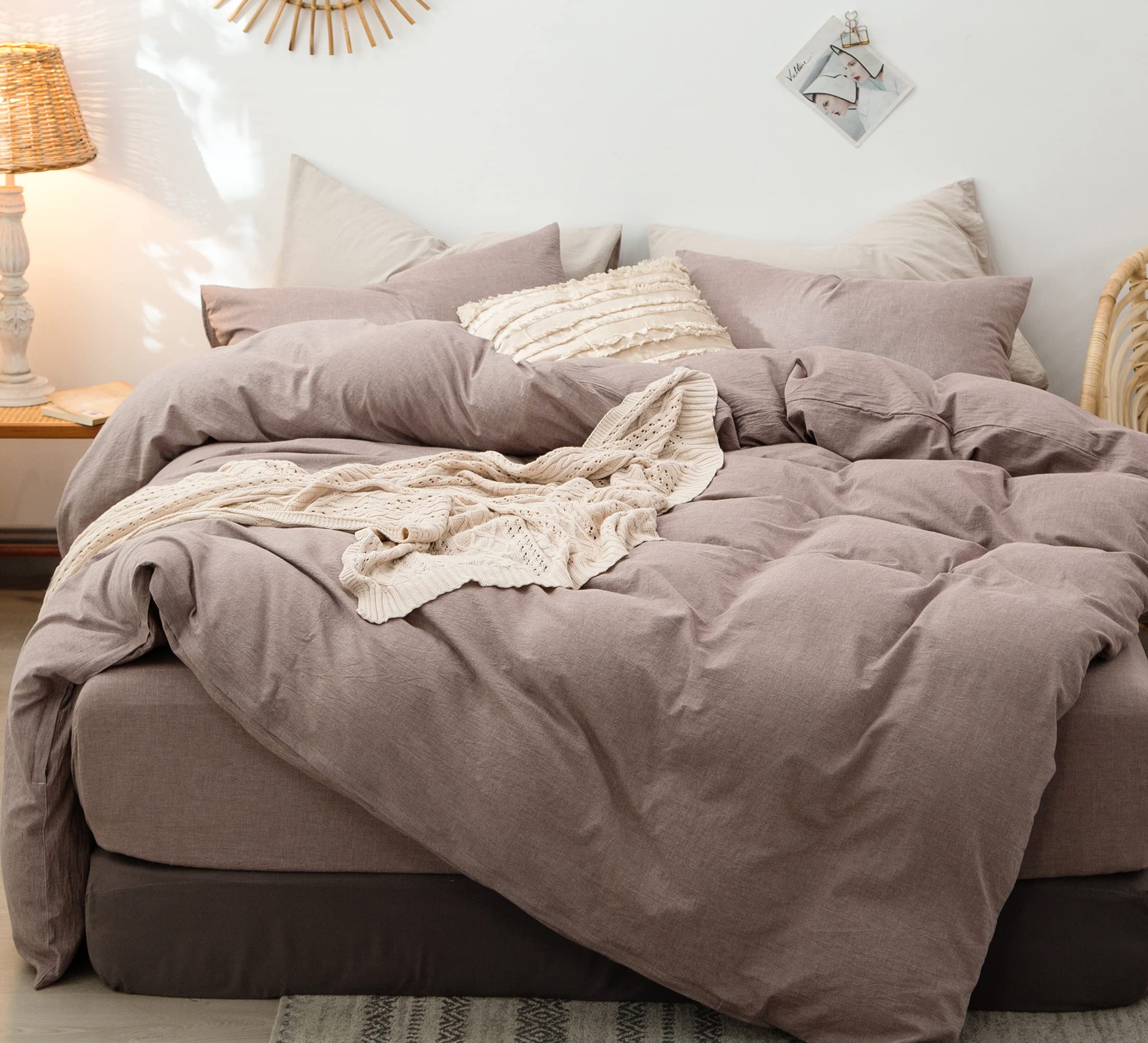 Moomee Bedding Duvet Cover Set 100% Washed Cotton Linen Like Textured Breathable Durable Soft Comfy (Mauve Brown, Cal King)