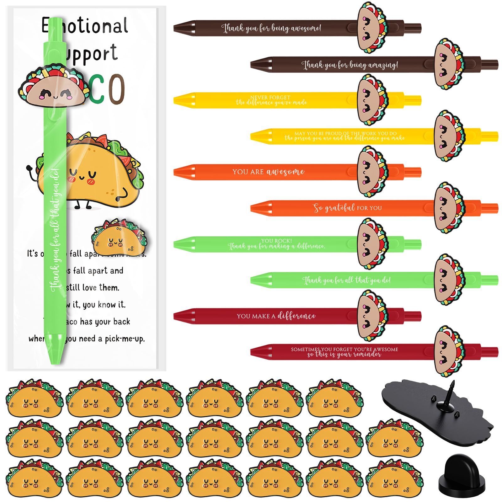 Sayglossy 15 Sets Christmas Emotional Taco Employee Appreciation Gifts Bulk Ballpoint Pens and Motivational Cards and Brooch Pin