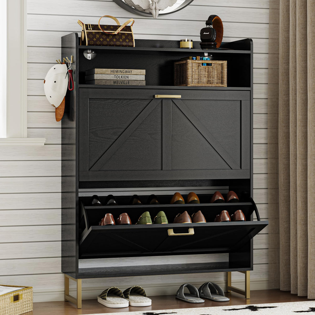 BORNOON Shoe Cabinet with 2 Flip Drawers Narrow Shoe Storage Cabinet Organizer Wooden Freestanding Rack Hidden Slim Storage for 
