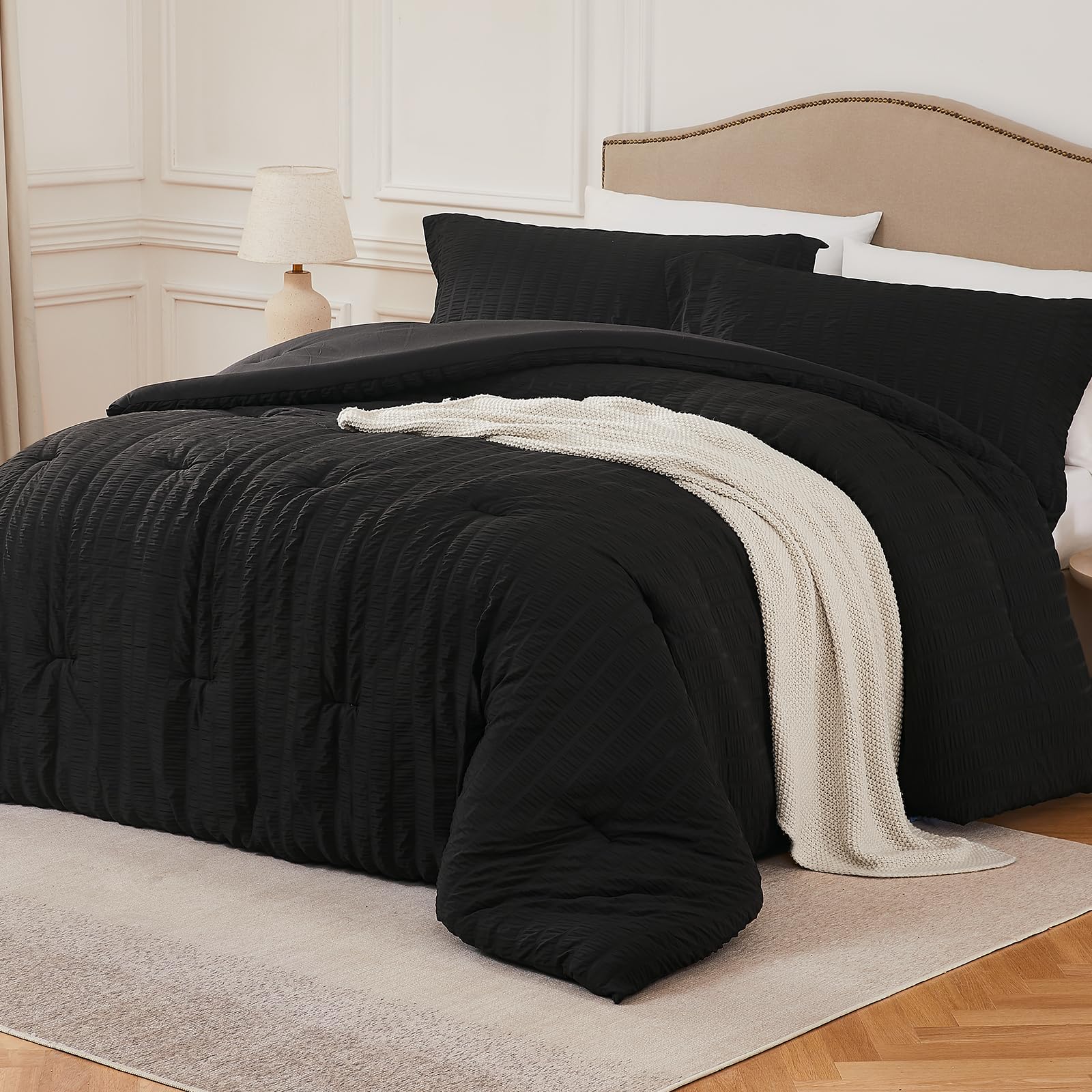 Quataly Black Full Comforter Set - 3 Pieces Seersucker Lightweight Bedding Comforter Sets (1 Soft Fluffy Comforter & 2 Pillowcas