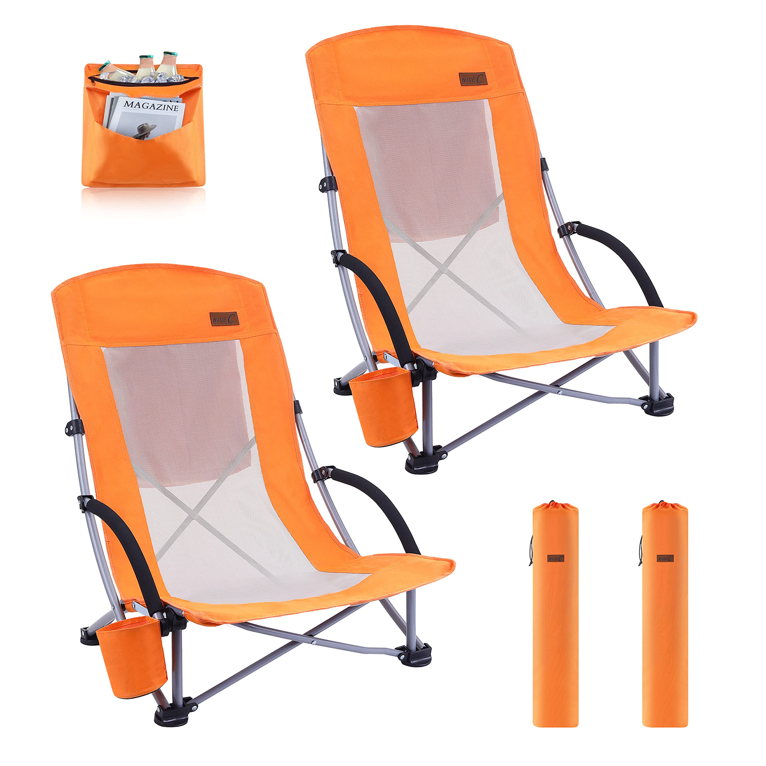 Nice C Beach Chair, Beach Chairs For Adults 2 Pack W/Cooler Compact High Back, Cup Holder & Carry Bag & Heavy Duty Outdoor, Camping, Bbq, Travel, Picnic, Festival (Set Of 2 Orange)