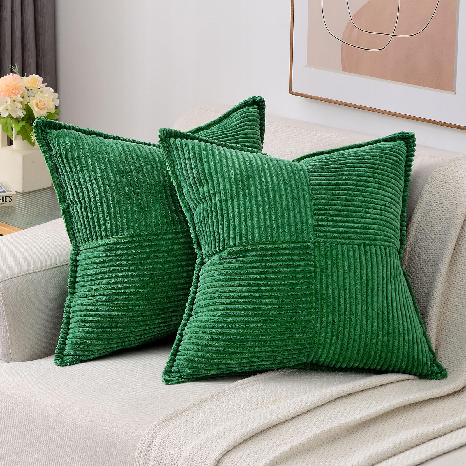 Haussy Emerald Green Large Decorative Throw Pillow Covers 26X26 Inch Set Of 2,Soft Solid Corduroy Striped Cushion Case,Square Eu