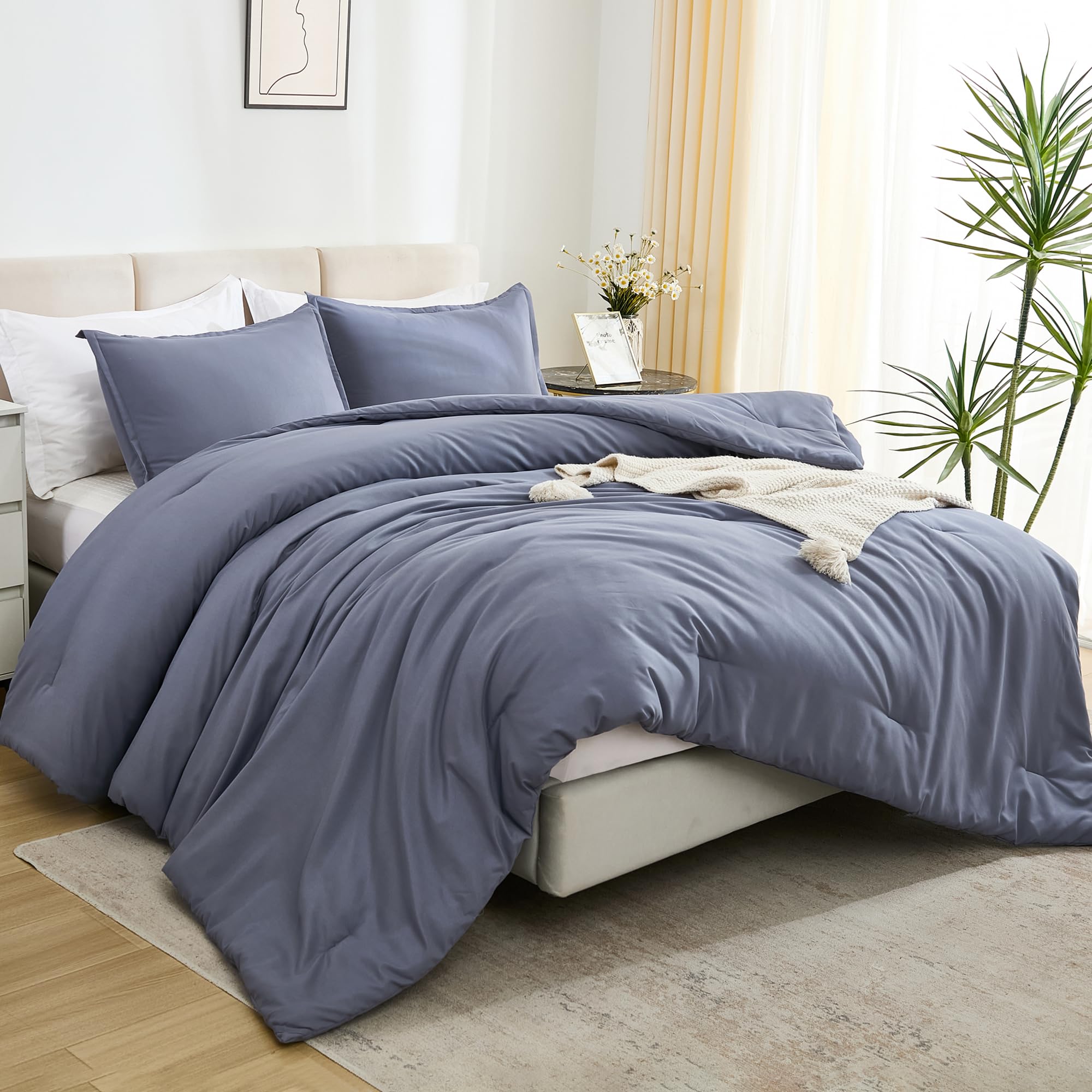 Litanika Comforters Bluish Grey Queen Size, 3 Pieces Lightweight Solid Bedding Set & Collections, All Season Fluffy Bed Set (90X