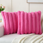Futei Hot Pink Decorative Throw Pillow Covers 20X20 Inch Set Of 2, Square Soft Faux Rabbit Fur Big Striped Cushion Cover,Home De