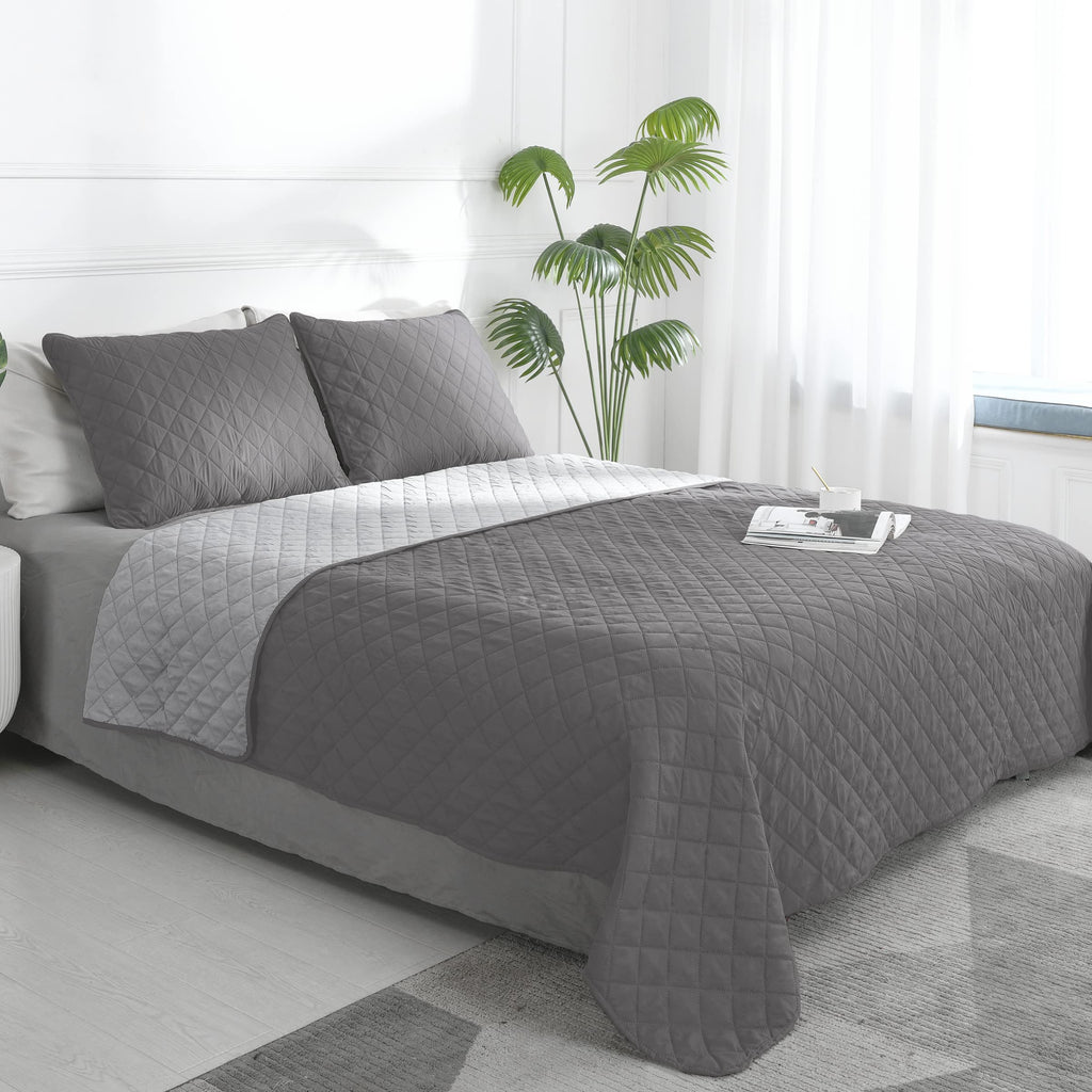 Easy-Going Twin Size Reversible Quilt Set With 1 Quilt And 1 Pillow Shams, Soft Bed Quilt Cover, Water Resistant Lightweight Microfiber Bedspread, Stain Resistant, Gray/Light Gray