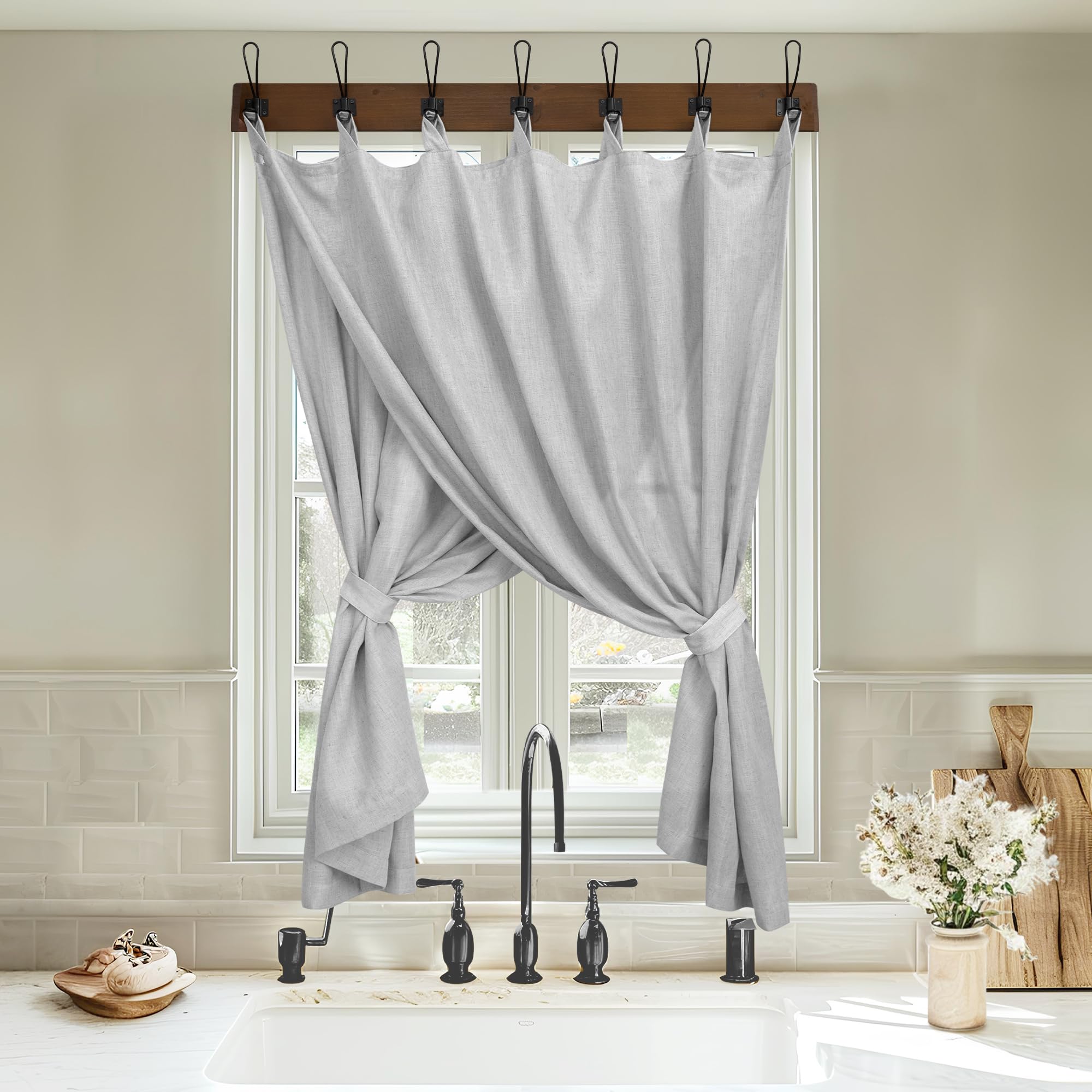 Light Grey Curtains 45 Inch Length For Kitchen Door 2 Panels Pair Set Tab Top Modern Farmhouse Flax Linen Semi Sheer Cafe Short Tier Curtains For Bathroom Small Windows Basement Dove Gray Silver 52X45