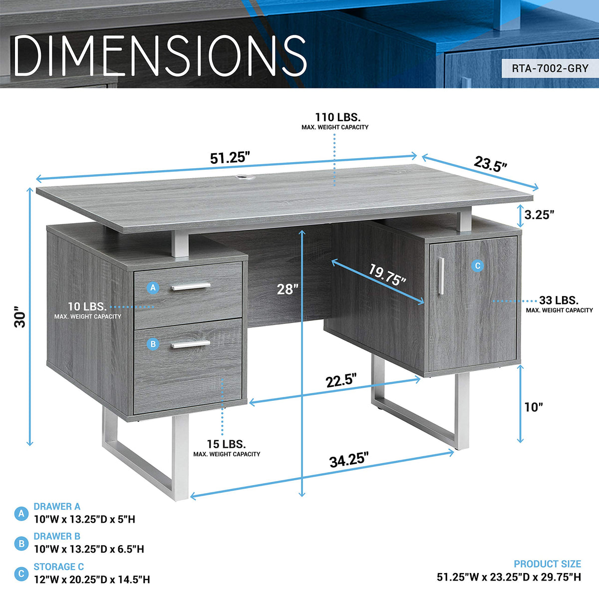 Techni Mobili Modern Office Desk With Storage, Gray